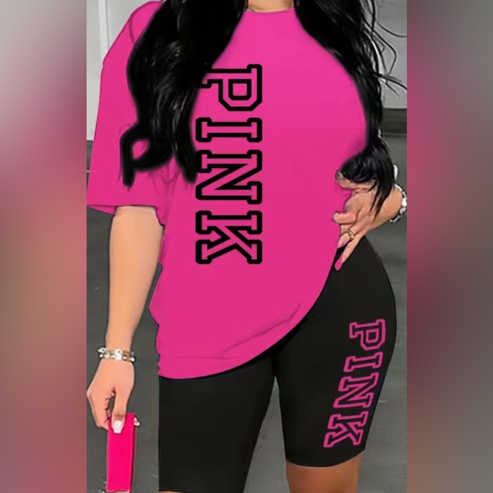 🆕 Ladies Pink and Black Short Set With Pink and Black Letters. Smoke & P…
